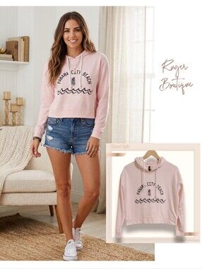 🌿Miami Style Women's Small Shell Pink Panama City Beach Florida Crop Top Hoodie